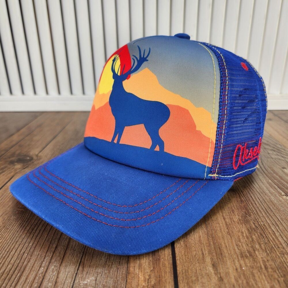 Aksels Colorado Elk Sunset Foam Trucker Hat Blue Red Mesh Snapback Outdoors Cap